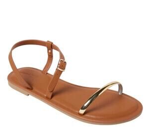 Cognac Gold Bar Flat Sandals Ankle Strap NWOT Size 7